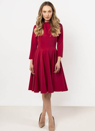 Flared Midi Dress with Boat Neckline & 3/4 Sleeves – Elegant Pleated Detail - MimiStylez