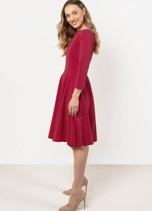 Flared Midi Dress with Boat Neckline & 3/4 Sleeves – Elegant Pleated Detail - MimiStylez