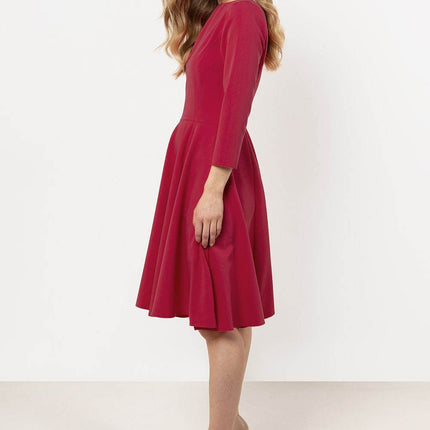 Flared Midi Dress with Boat Neckline & 3/4 Sleeves – Elegant Pleated Detail - MimiStylez