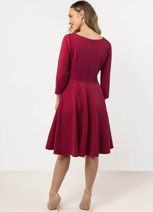 Flared Midi Dress with Boat Neckline & 3/4 Sleeves – Elegant Pleated Detail - MimiStylez