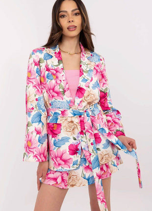 Women's Floral Blazer & High-Waisted Pleated Shorts Set with Tie Belt - MimiStylez