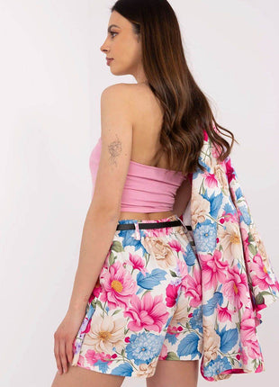 Women's Floral Blazer & High-Waisted Pleated Shorts Set with Tie Belt - MimiStylez