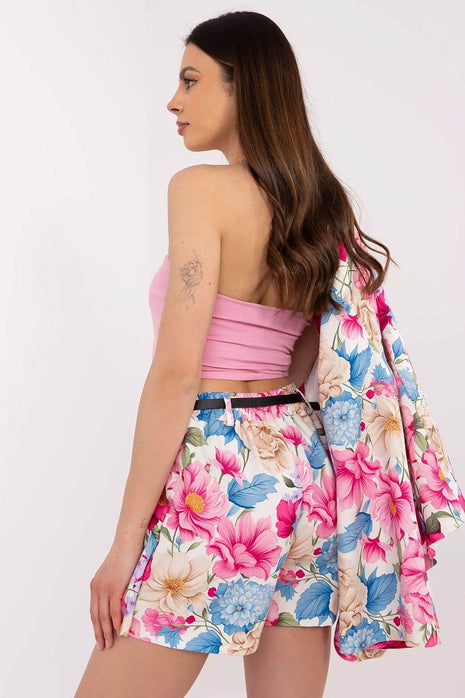 Women's Floral Blazer & High-Waisted Pleated Shorts Set with Tie Belt - MimiStylez