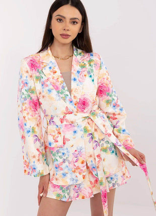 Women's Floral Blazer & High-Waisted Pleated Shorts Set with Tie Belt - MimiStylez
