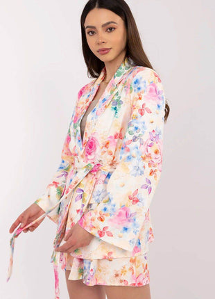 Women's Floral Blazer & High-Waisted Pleated Shorts Set with Tie Belt - MimiStylez