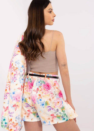 Women's Floral Blazer & High-Waisted Pleated Shorts Set with Tie Belt - MimiStylez