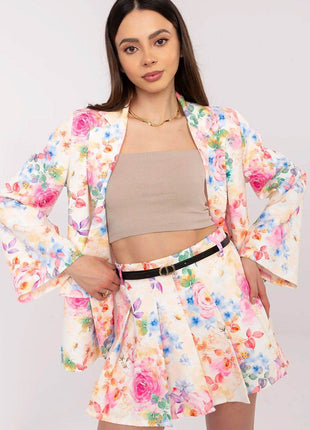 Women's Floral Blazer & High-Waisted Pleated Shorts Set with Tie Belt - MimiStylez