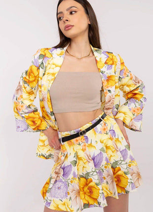 Women's Floral Blazer & High-Waisted Pleated Shorts Set with Tie Belt - MimiStylez