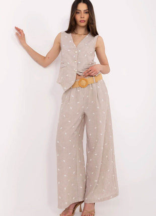 Women’s Casual Fitted Vest & Wide-Leg Trousers Set with Embroidery and Waist Tie - MimiStylez