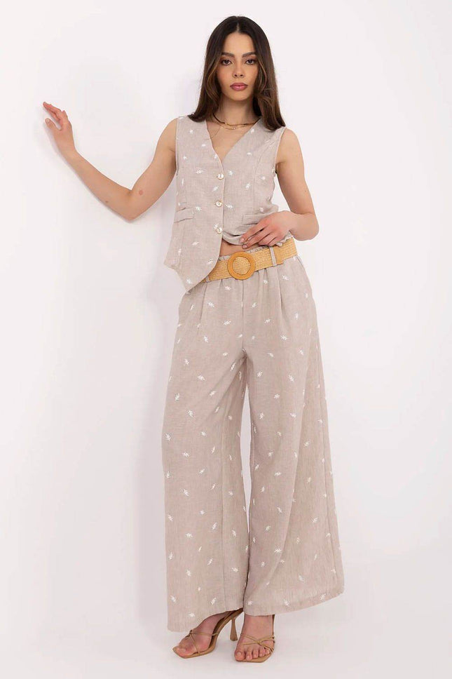 Women’s Casual Fitted Vest & Wide-Leg Trousers Set with Embroidery and Waist Tie - MimiStylez