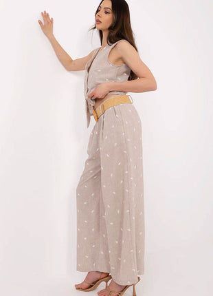 Women’s Casual Fitted Vest & Wide-Leg Trousers Set with Embroidery and Waist Tie - MimiStylez