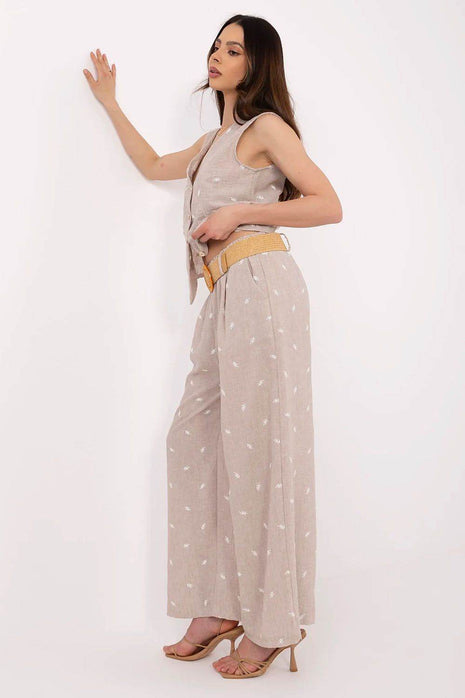 Women’s Casual Fitted Vest & Wide-Leg Trousers Set with Embroidery and Waist Tie - MimiStylez