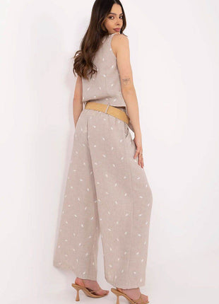 Women’s Casual Fitted Vest & Wide-Leg Trousers Set with Embroidery and Waist Tie - MimiStylez