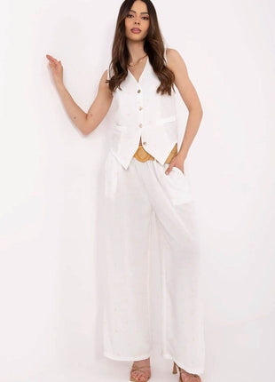 Women’s Casual Fitted Vest & Wide-Leg Trousers Set with Embroidery and Waist Tie - MimiStylez