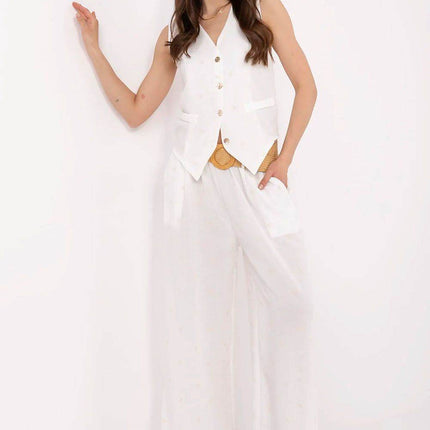 Women’s Casual Fitted Vest & Wide-Leg Trousers Set with Embroidery and Waist Tie - MimiStylez