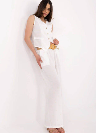 Women’s Casual Fitted Vest & Wide-Leg Trousers Set with Embroidery and Waist Tie - MimiStylez