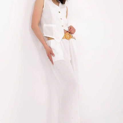 Women’s Casual Fitted Vest & Wide-Leg Trousers Set with Embroidery and Waist Tie - MimiStylez