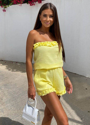Summer Muslin Set with Strapless Frill Top & Ruffle Hem Shorts - MimiStylez