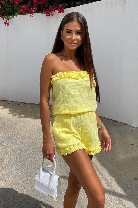 Summer Muslin Set with Strapless Frill Top & Ruffle Hem Shorts - MimiStylez