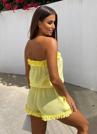 Summer Muslin Set with Strapless Frill Top & Ruffle Hem Shorts - MimiStylez