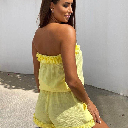 Summer Muslin Set with Strapless Frill Top & Ruffle Hem Shorts - MimiStylez