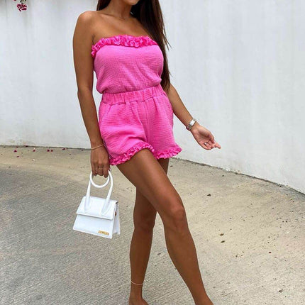 Summer Muslin Set with Strapless Frill Top & Ruffle Hem Shorts - MimiStylez