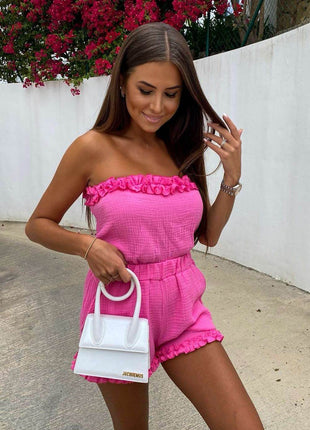 Summer Muslin Set with Strapless Frill Top & Ruffle Hem Shorts - MimiStylez