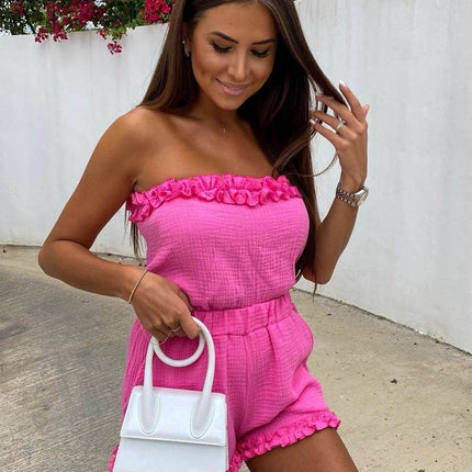Summer Muslin Set with Strapless Frill Top & Ruffle Hem Shorts - MimiStylez