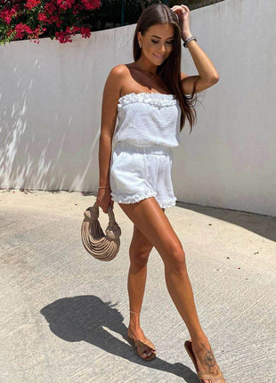 Summer Muslin Set with Strapless Frill Top & Ruffle Hem Shorts - MimiStylez