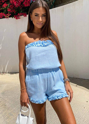 Summer Muslin Set with Strapless Frill Top & Ruffle Hem Shorts - MimiStylez
