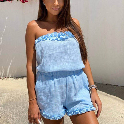Summer Muslin Set with Strapless Frill Top & Ruffle Hem Shorts - MimiStylez