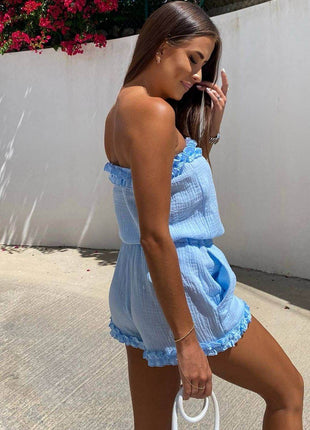 Summer Muslin Set with Strapless Frill Top & Ruffle Hem Shorts - MimiStylez