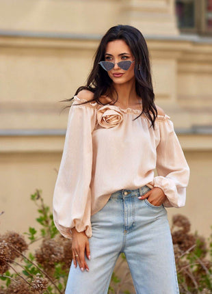 Off-Shoulder Spanish Blouse with Billowy Sleeves & Rose Detail - MimiStylez