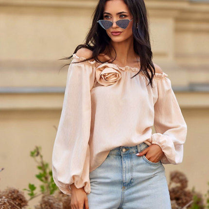 Off-Shoulder Spanish Blouse with Billowy Sleeves & Rose Detail - MimiStylez