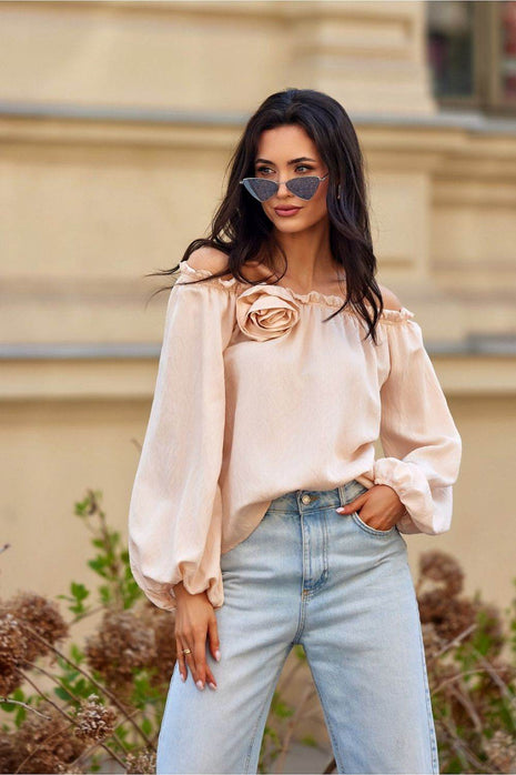 Off-Shoulder Spanish Blouse with Billowy Sleeves & Rose Detail - MimiStylez