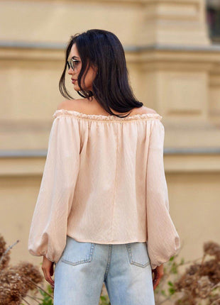 Off-Shoulder Spanish Blouse with Billowy Sleeves & Rose Detail - MimiStylez