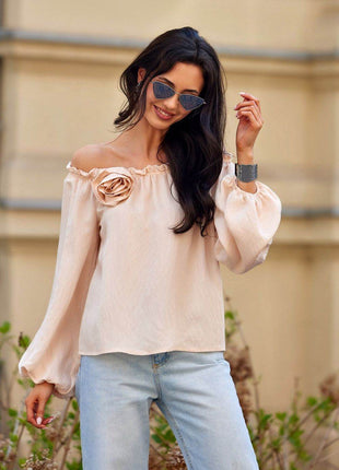 Off-Shoulder Spanish Blouse with Billowy Sleeves & Rose Detail - MimiStylez