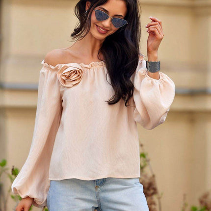 Off-Shoulder Spanish Blouse with Billowy Sleeves & Rose Detail - MimiStylez