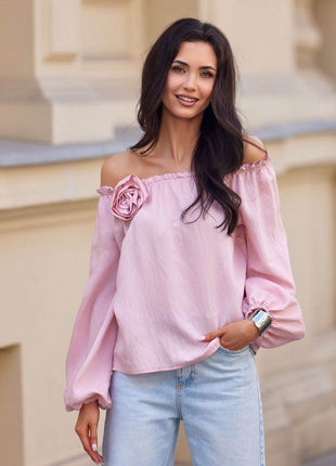 Off-Shoulder Spanish Blouse with Billowy Sleeves & Rose Detail - MimiStylez