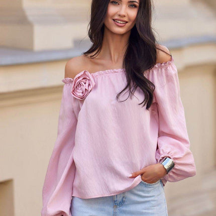 Off-Shoulder Spanish Blouse with Billowy Sleeves & Rose Detail - MimiStylez