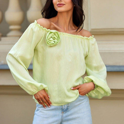 Off-Shoulder Spanish Blouse with Billowy Sleeves & Rose Detail - MimiStylez