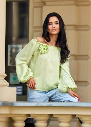 Off-Shoulder Spanish Blouse with Billowy Sleeves & Rose Detail - MimiStylez