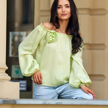 Off-Shoulder Spanish Blouse with Billowy Sleeves & Rose Detail - MimiStylez