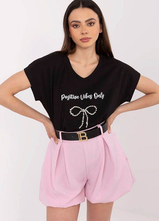 Everyday Elegance: Women's Cotton Tee with Zircon Accents - MimiStylez