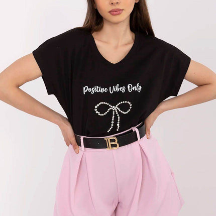 Everyday Elegance: Women's Cotton Tee with Zircon Accents - MimiStylez