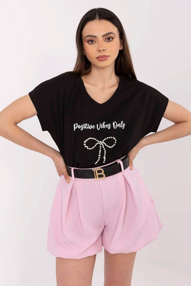Everyday Elegance: Women's Cotton Tee with Zircon Accents - MimiStylez