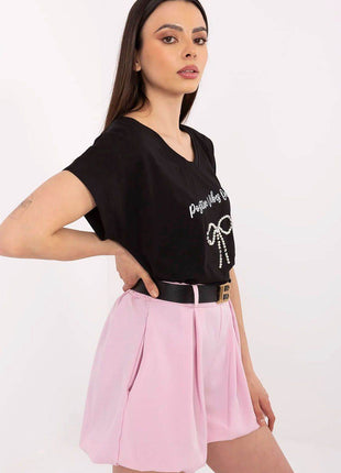 Everyday Elegance: Women's Cotton Tee with Zircon Accents - MimiStylez