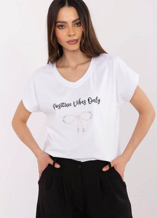Everyday Elegance: Women's Cotton Tee with Zircon Accents - MimiStylez