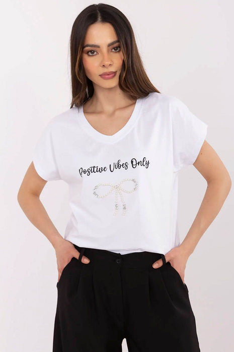 Everyday Elegance: Women's Cotton Tee with Zircon Accents - MimiStylez