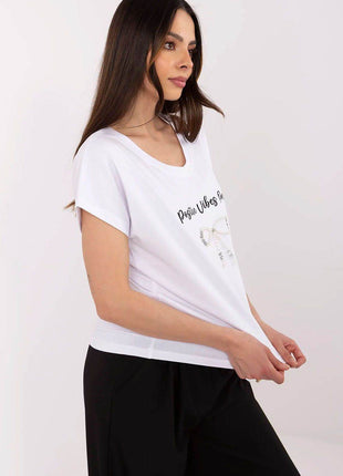Everyday Elegance: Women's Cotton Tee with Zircon Accents - MimiStylez